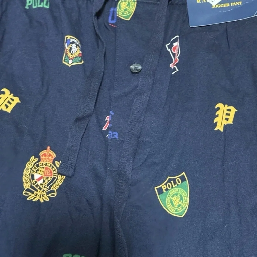 New Polo Ralph Lauren Pep Rally Varsity Logo Print Pajama Jogger Pants Navy L